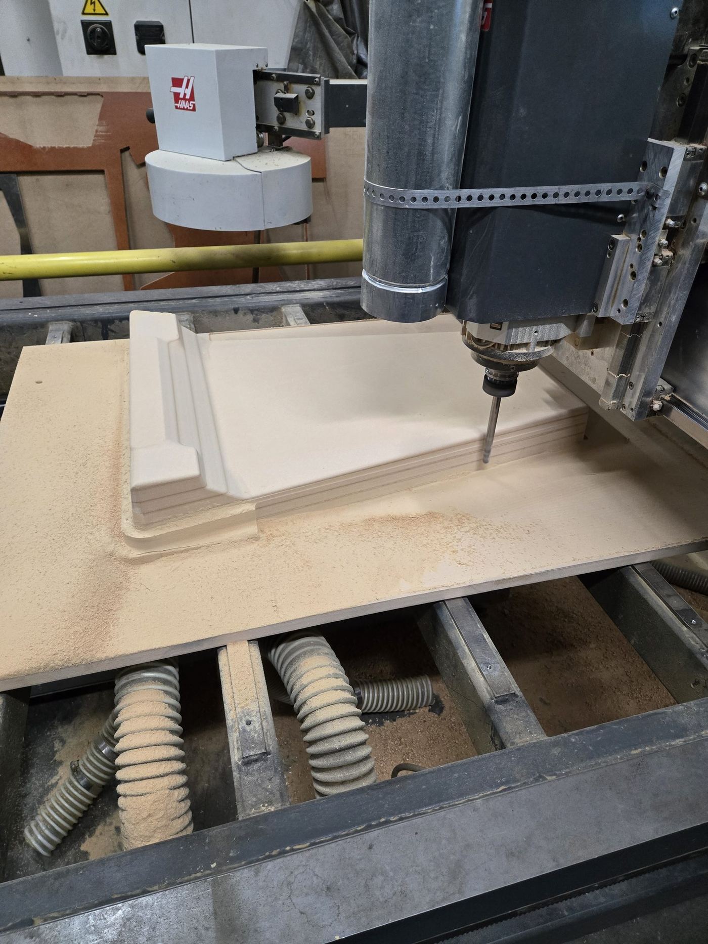 Routed MDF ribs racked in the shop
