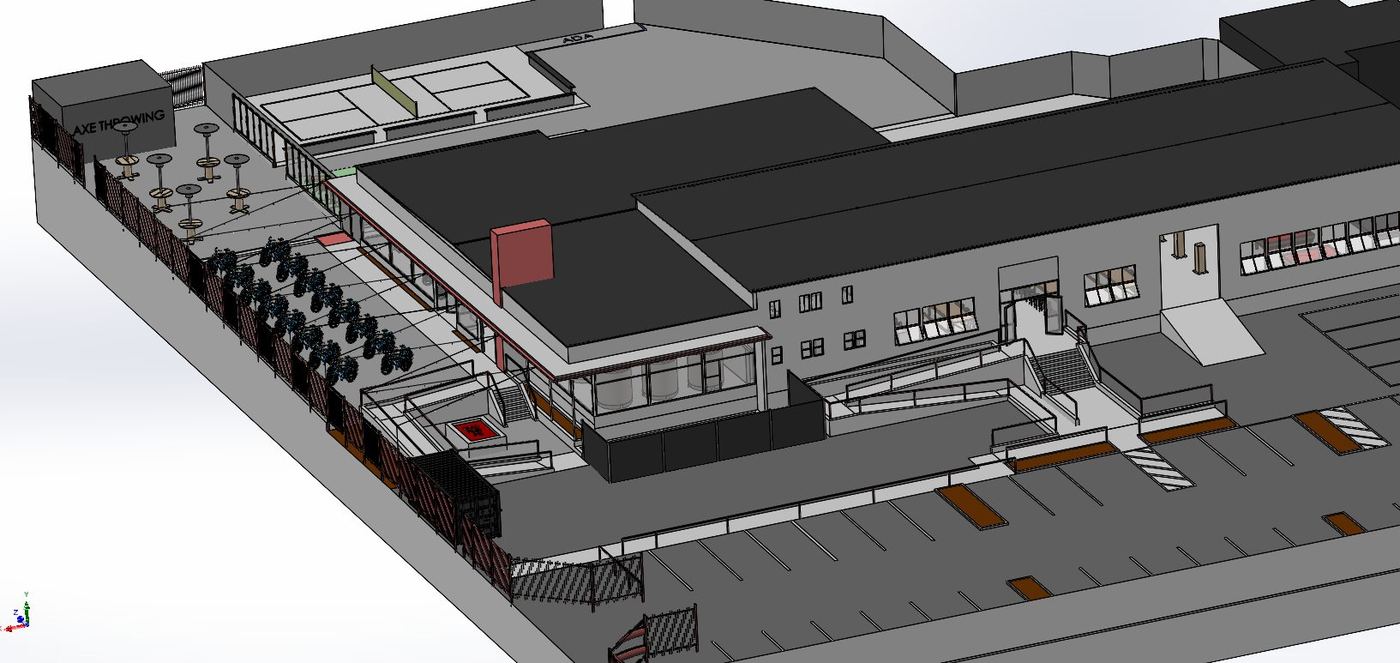 CAD render of the facility exterior patio with axe throwing and bike storage