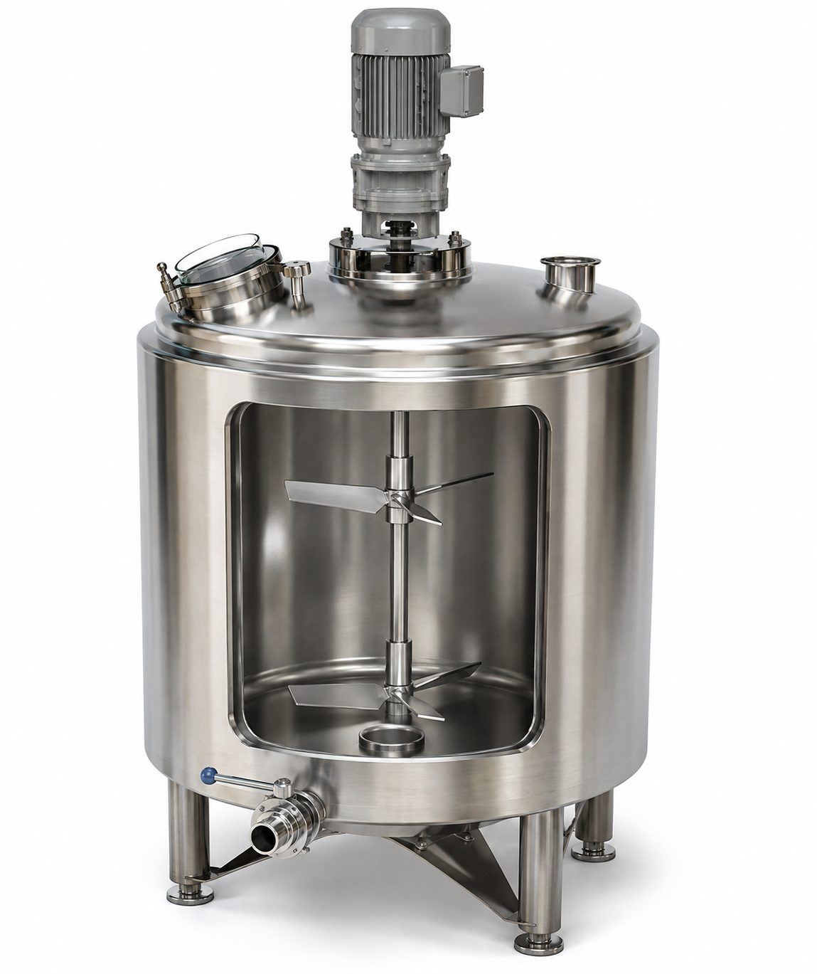 Photorealistic render of a stainless steel process mixing tank with agitator and sight-glass window