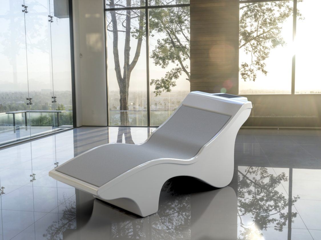 Photorealistic render of a lounge chair product in a modern interior setting