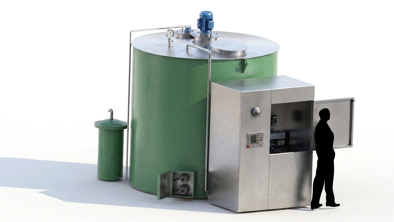 Photorealistic render of a green anaerobic digester tank and stainless control cabinet, with a person silhouette for scale
