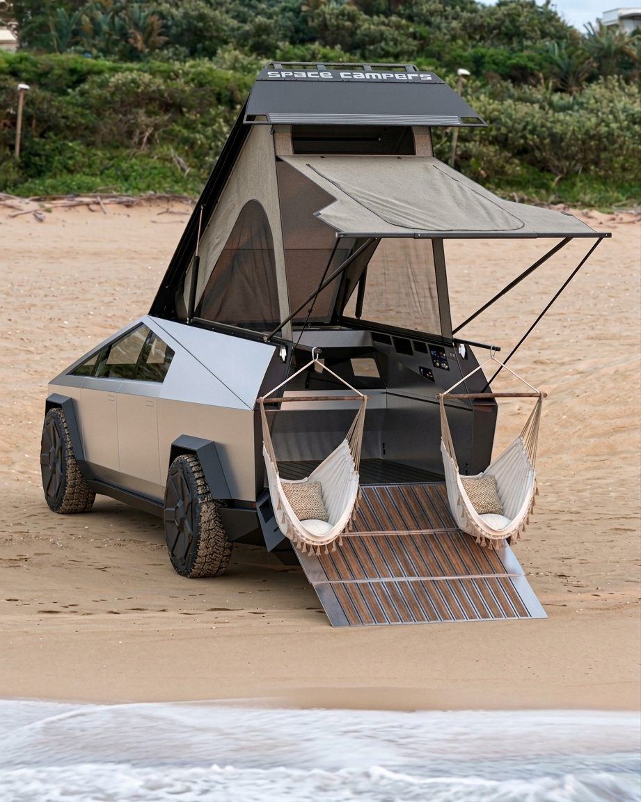 Photorealistic render of the Space Campers Cybertruck camper on a beach with the awning deployed and hammock chairs set up