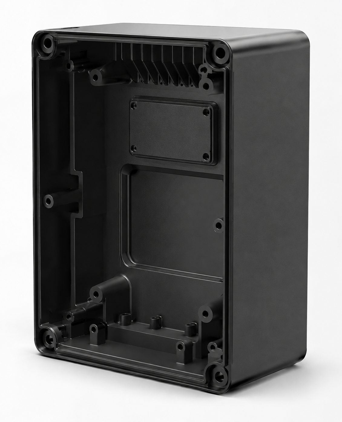 Photorealistic render of a black electronics enclosure's interior, showing mounting bosses and heat-sink fins