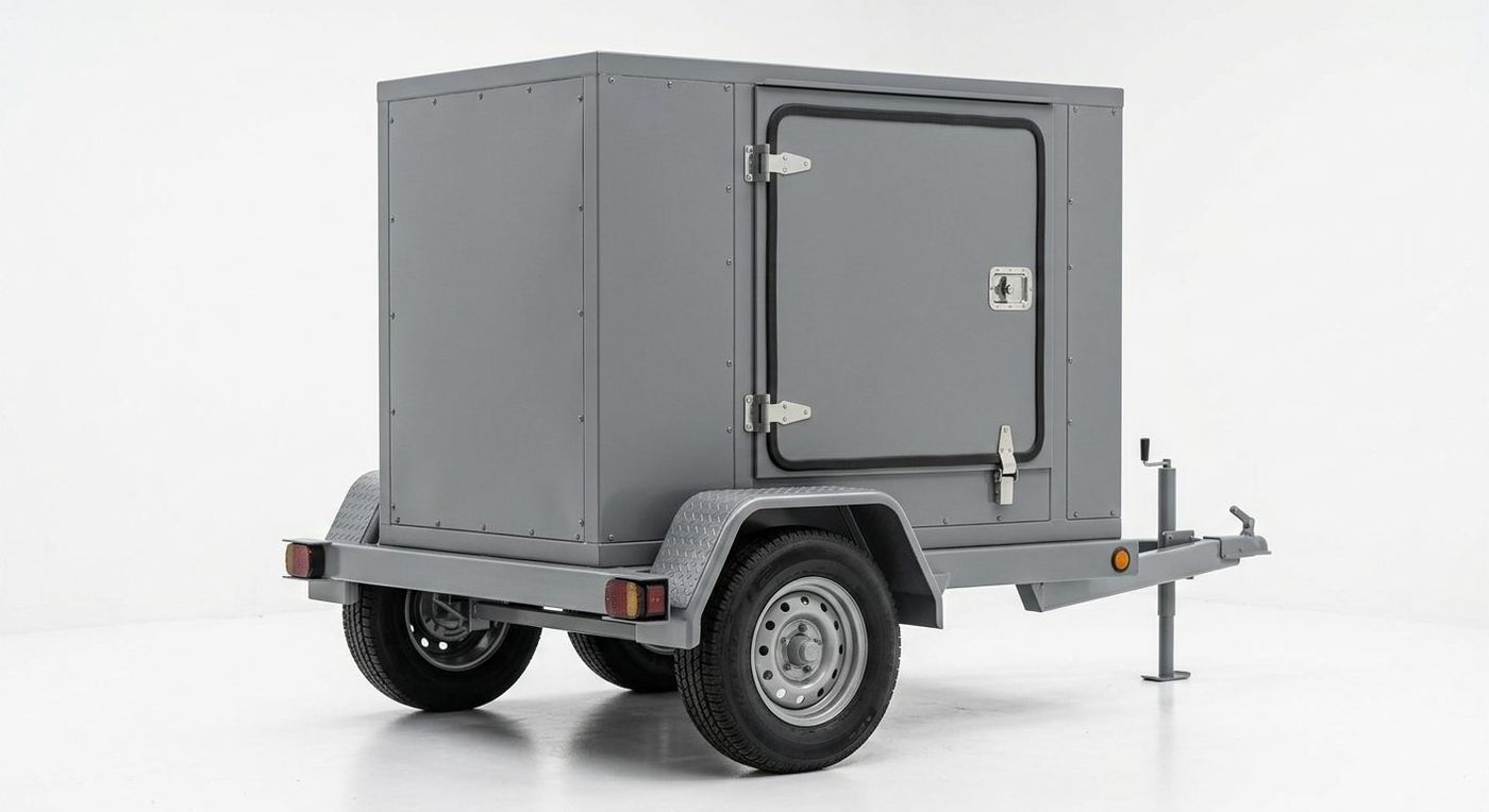 Photorealistic render of a gray enclosed cargo trailer