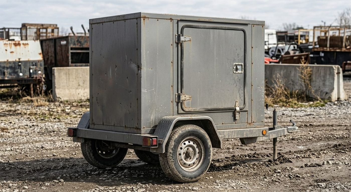 Reference photo of the weathered, rusted cargo trailer the render above was matched to