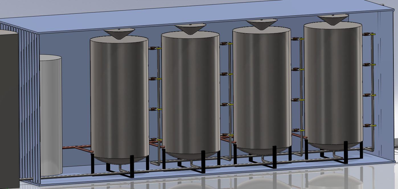 CAD render of an insulated four-tank fermentation enclosure with plumbed sensor ports
