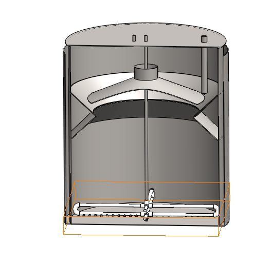 CAD render of a bioreactor tank interior with mixing and sparger assembly