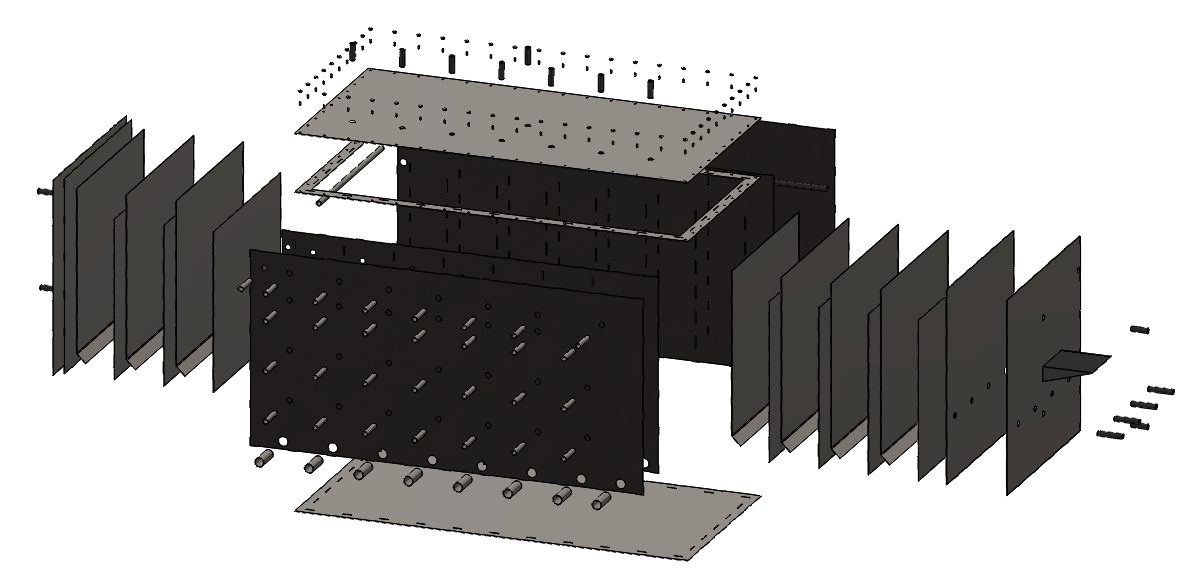 Exploded CAD view of an insulated tank panel assembly