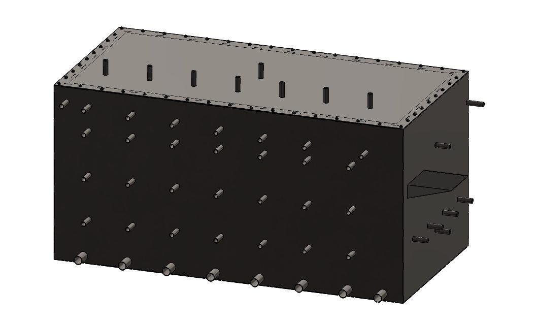 CAD render of an insulated tank enclosure with multiple plumbing ports