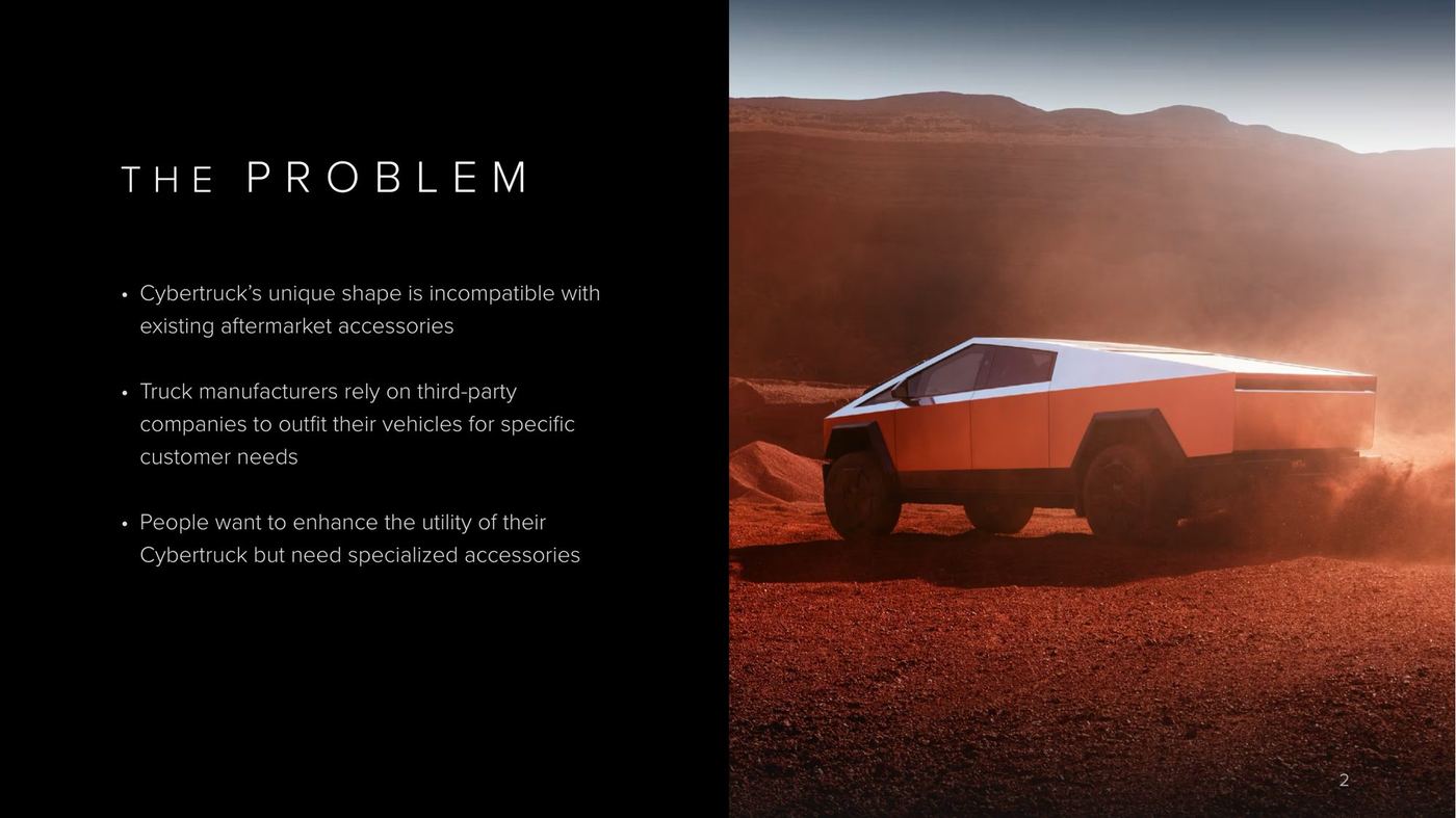Pitch deck slide: "The Problem" with existing camper shells not fitting the Cybertruck