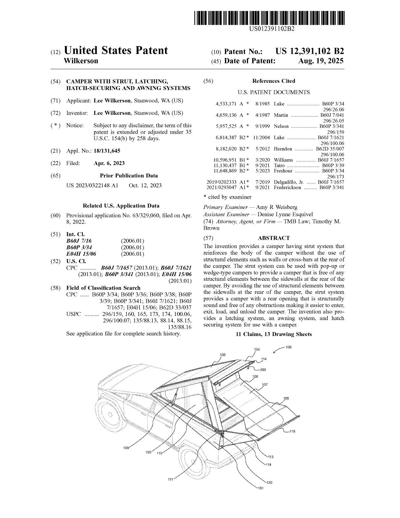 Cover page of an issued U.S. utility patent for a camper strut, latching, hatch-securing, and awning system