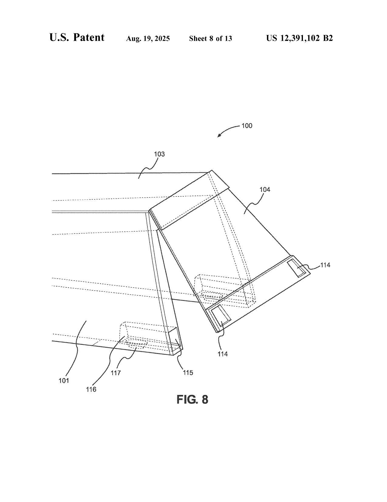 Utility patent drawing showing the rear hatch mechanism in the open position