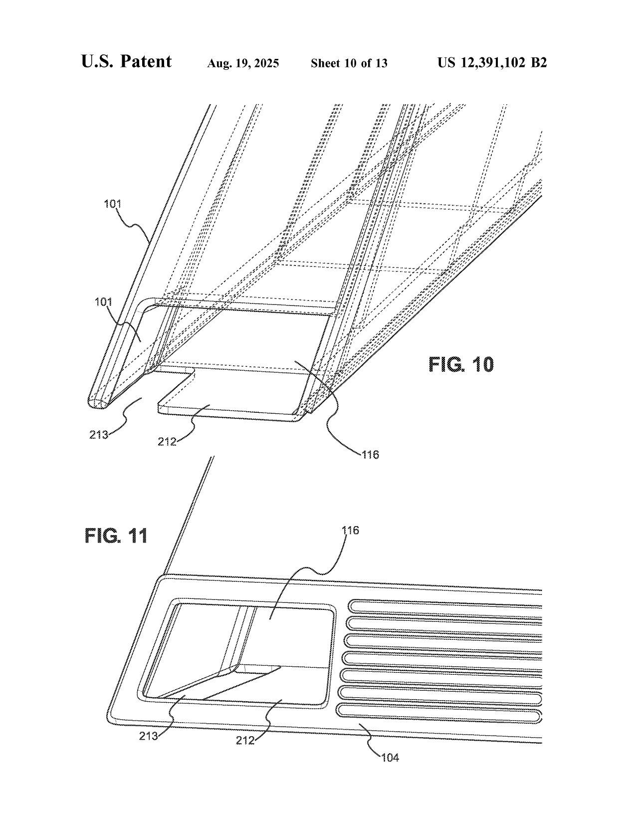 Utility patent drawing showing the hatch-securing and latch detail