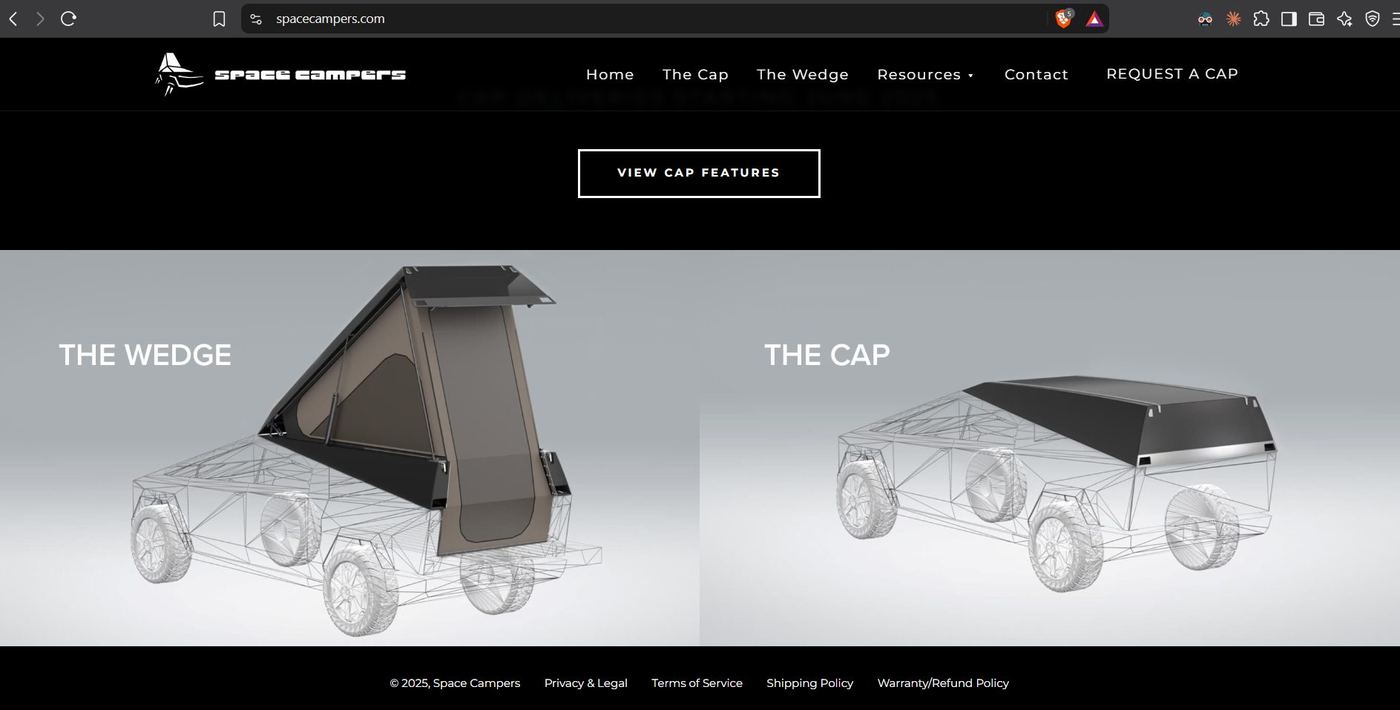 spacecampers.com homepage showing The Wedge and The Cap product renders