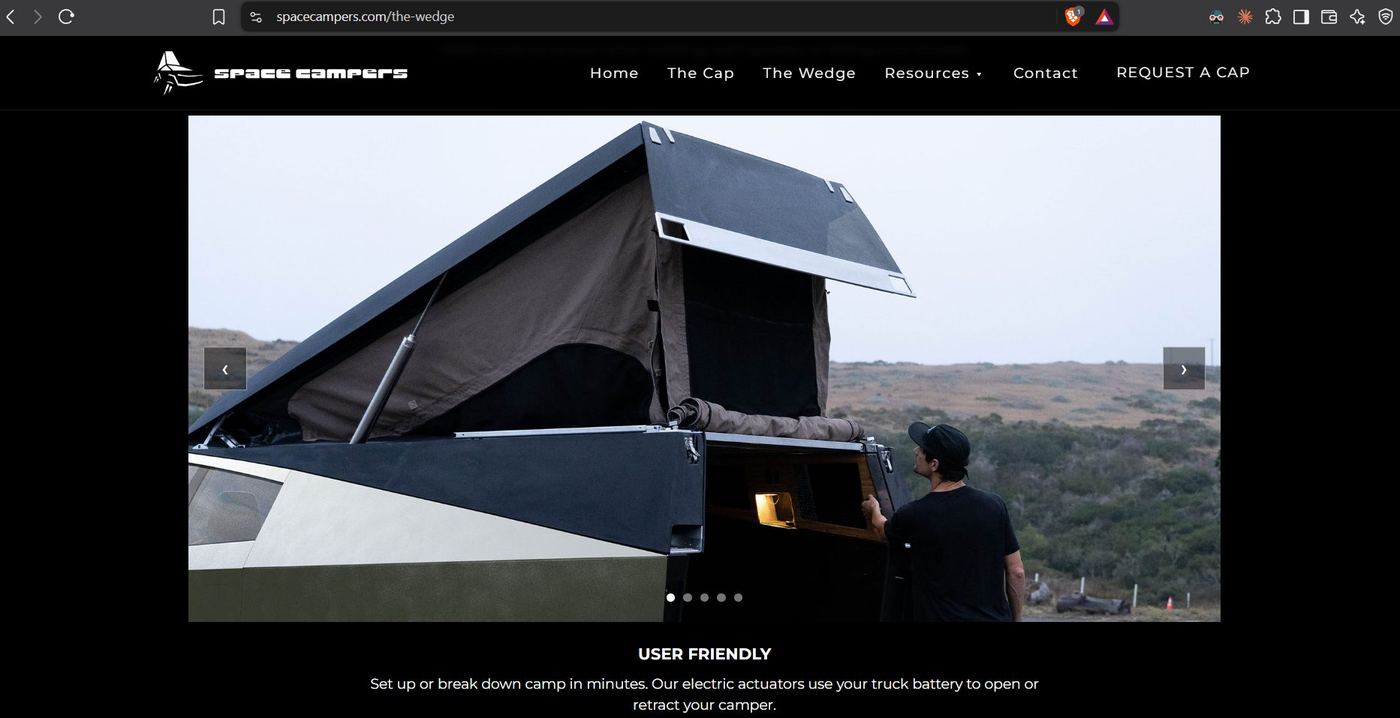 spacecampers.com Wedge page with a hero photo of the pop-up camper