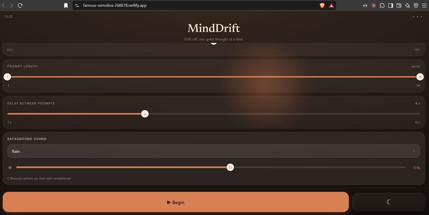 MindDrift sleep app interface with prompt and background sound settings