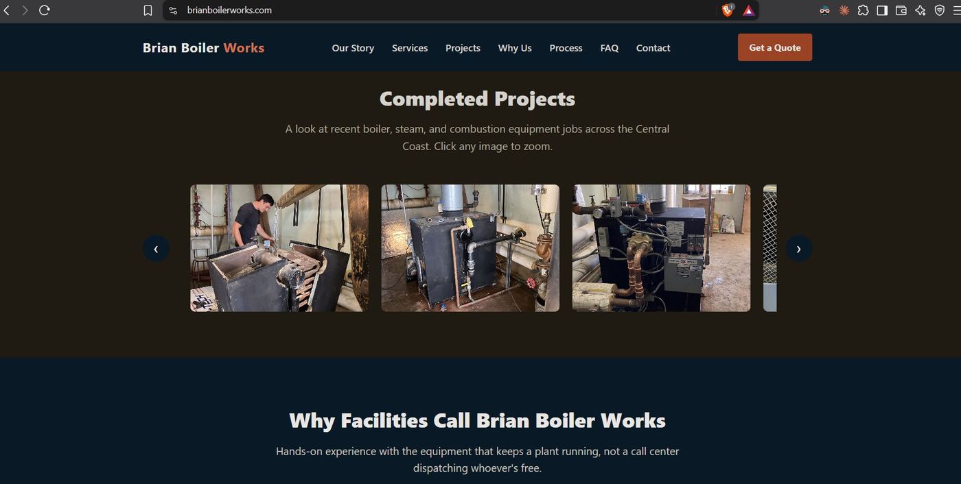 Brian Boiler Works website showing a completed-projects gallery