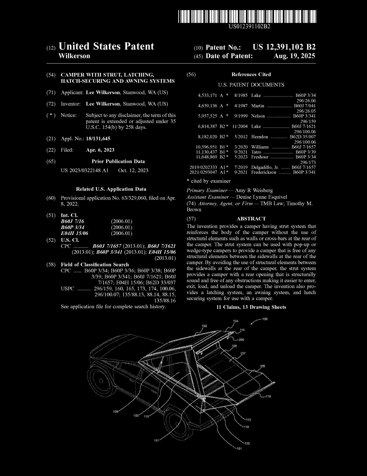 US Patent 12,391,102 B2 cover page, Camper with Strut, Latching, Hatch-Securing and Awning Systems