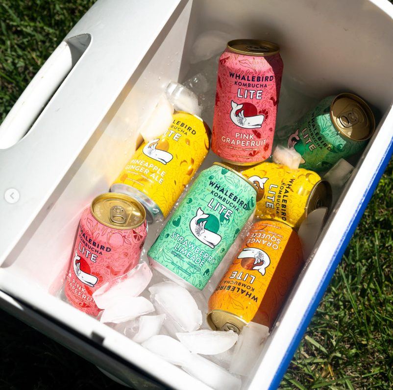 A cooler of ice packed with Whalebird Kombucha Lite cans in assorted flavors