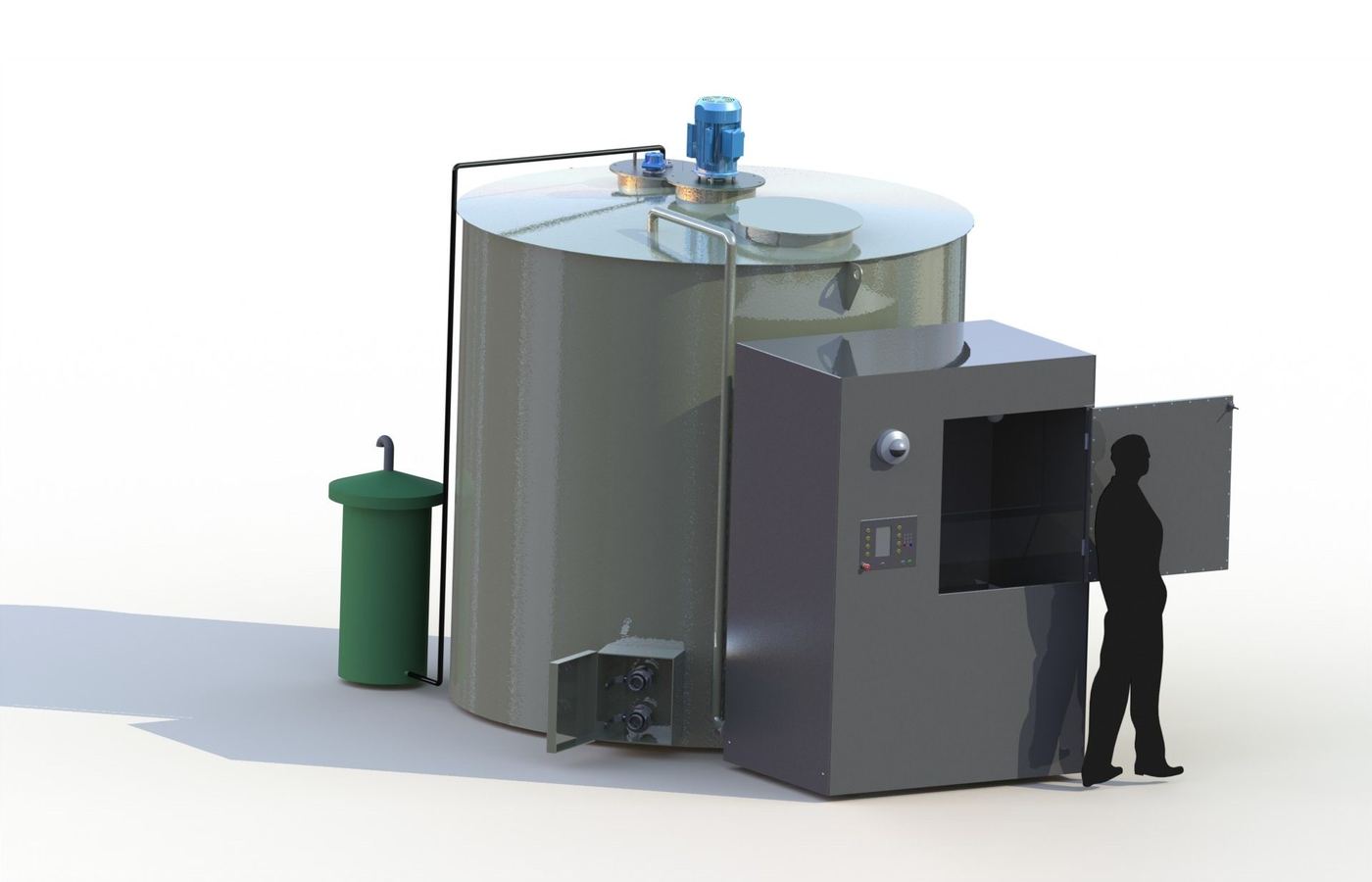 Early SolidWorks concept render: a tall stainless tank, a separate green hopper unit, and a large gray access cabinet, sized against a human figure