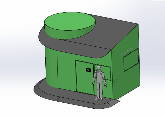 SolidWorks concept with a rounded green enclosure and curved roofline, a human figure shown for scale at the door