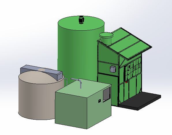 SolidWorks rendering grouping several component options side by side, a tall tank, a squat tank, a control box, and a peaked enclosure, comparing modular pieces
