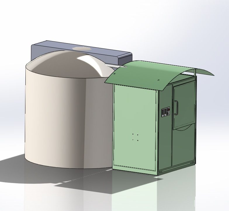 SolidWorks concept pairing a dome-topped tan tank with a smaller green enclosure under a swept awning roof