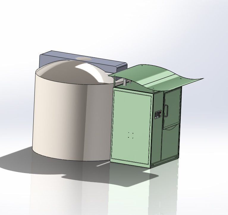 The same tan tank and swept-roof enclosure concept shown from a different angle