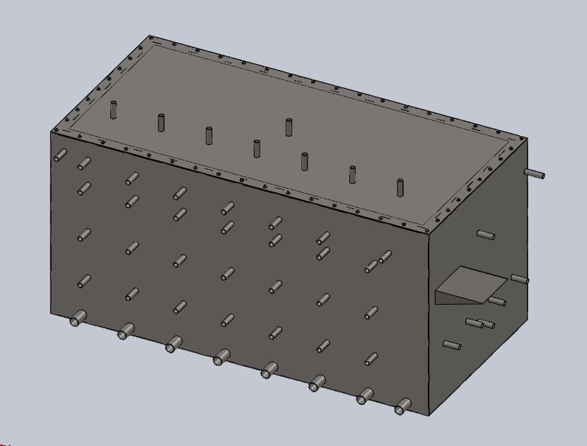 SolidWorks rendering of a rectangular baffled reactor tank, showing the threaded rod fasteners along every wall
