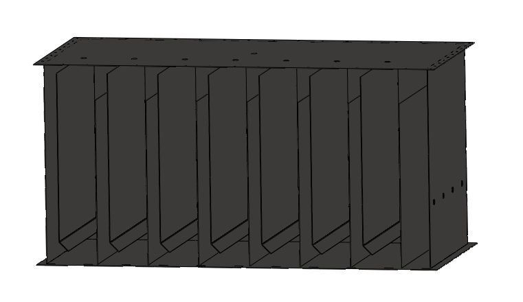 SolidWorks cutaway view of the baffle plate array installed inside the reactor tank