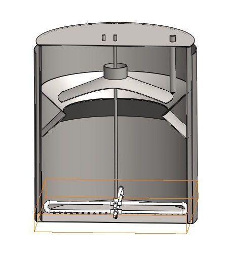 SolidWorks cutaway of a cylindrical reactor with a center mixing shaft and impeller