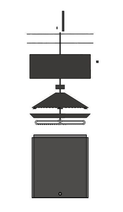 Exploded SolidWorks assembly of a reactor stack: motor, hopper, mixing paddle, and tank body