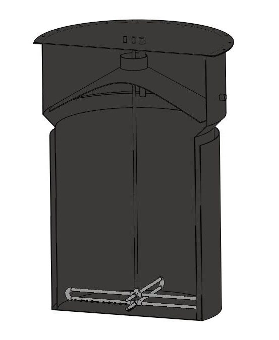SolidWorks cutaway of the assembled reactor showing the internal mixer shaft running down through the tank