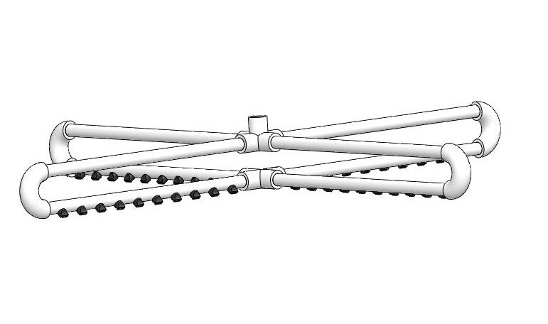 SolidWorks rendering of a perforated PVC distribution manifold used to spread flow across the reactor