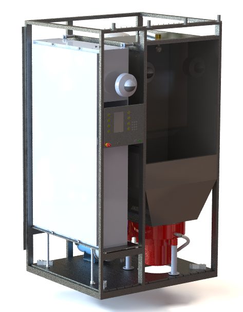 SolidWorks rendering of the third-generation enclosure interior: the control panel and hopper side, with the red grinder assembly visible below