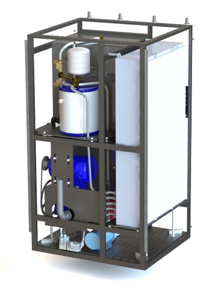 SolidWorks rendering of the third-generation enclosure interior: the pump and plumbing side, showing the water heater, blue pump, and piping