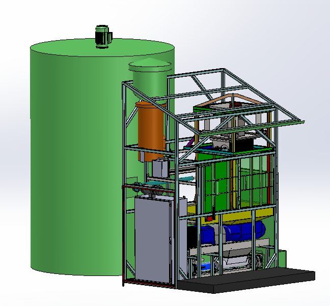 SolidWorks rendering of the H2O digester, a large green cylindrical tank next to a shorter enclosure housing the loading hatch, grinder, and control cabinet