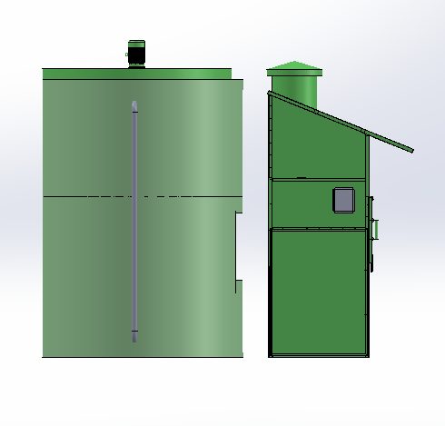 SolidWorks front and side elevation drawings of the H2O tank and enclosure