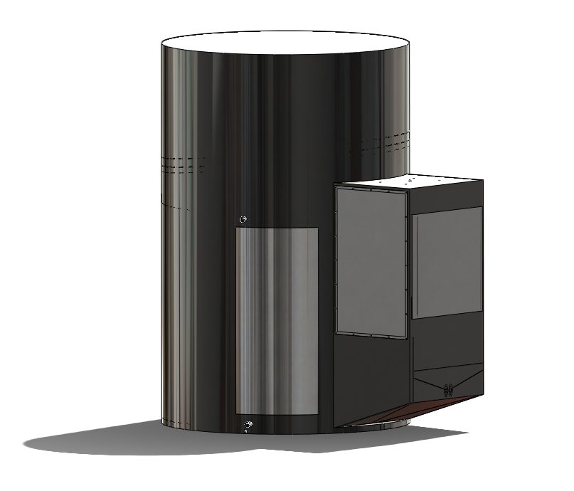 SolidWorks rendering of the digester's stainless outer tank with a side access door swung open, revealing the internal electrical cabinet