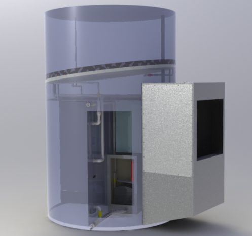 SolidWorks cutaway rendering of the tank showing internal plumbing routed along the floor and the component room's control cabinet with its door open