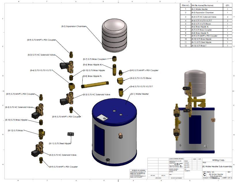 RFQ package page: exploded assembly drawing of the water heater sub-assembly