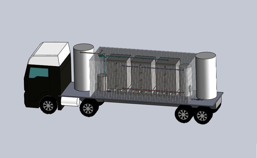 SolidWorks rendering of a semi-truck hauling a modular secondary processing unit, reactor tanks built into a trailer-mounted enclosure