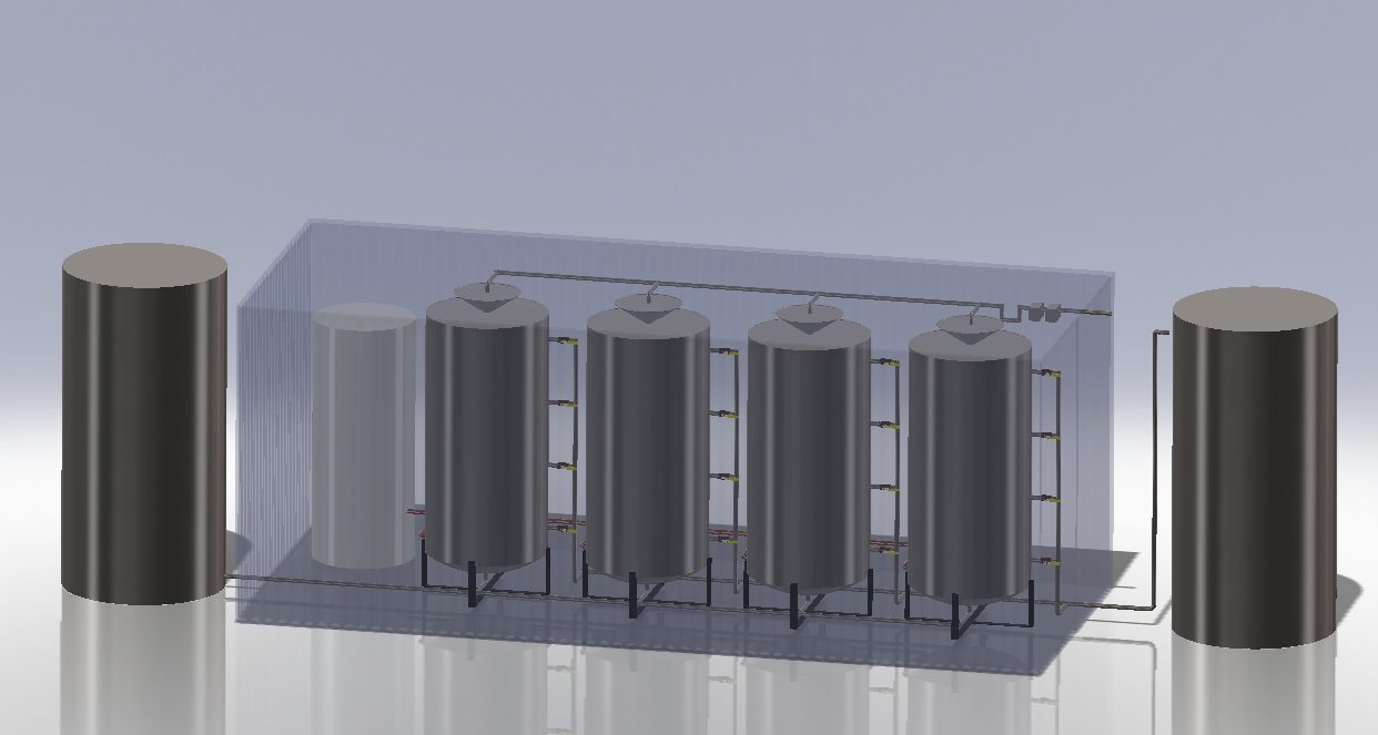 SolidWorks rendering of four reactor tanks plumbed together inside the modular unit's shell