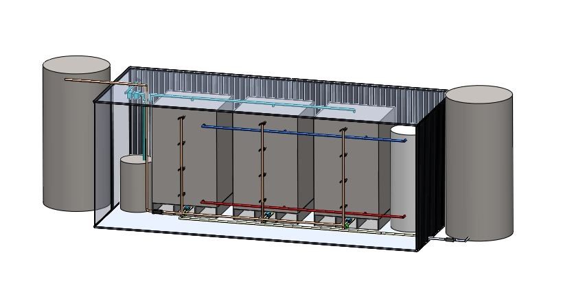 SolidWorks cutaway of the modular unit's shipping-container-style shell, showing the reactor tanks and pipe routing inside