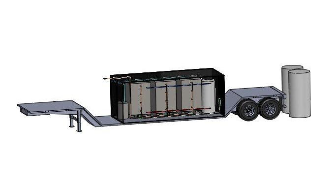 SolidWorks rendering of a smaller trailer-mounted version of the modular unit with a fold-down loading ramp