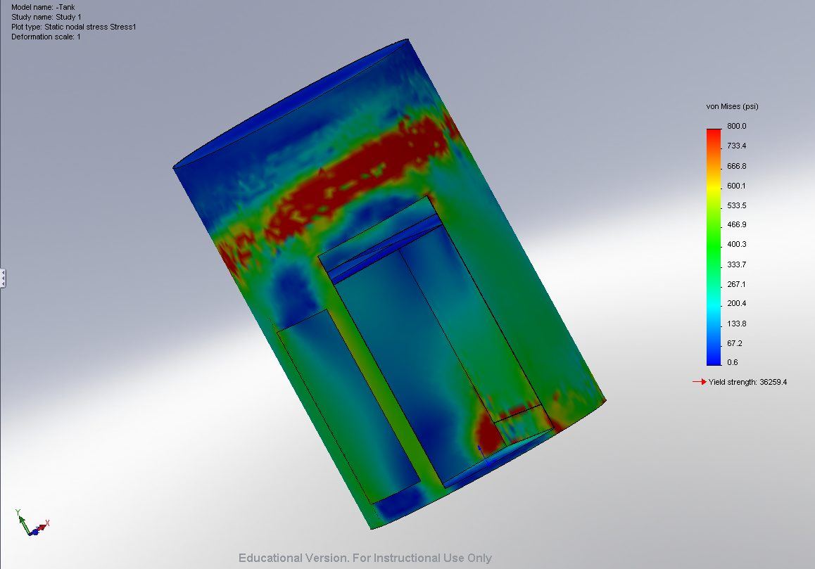 SolidWorks FEA stress plot on the tank shell, showing where structural stress concentrated under load